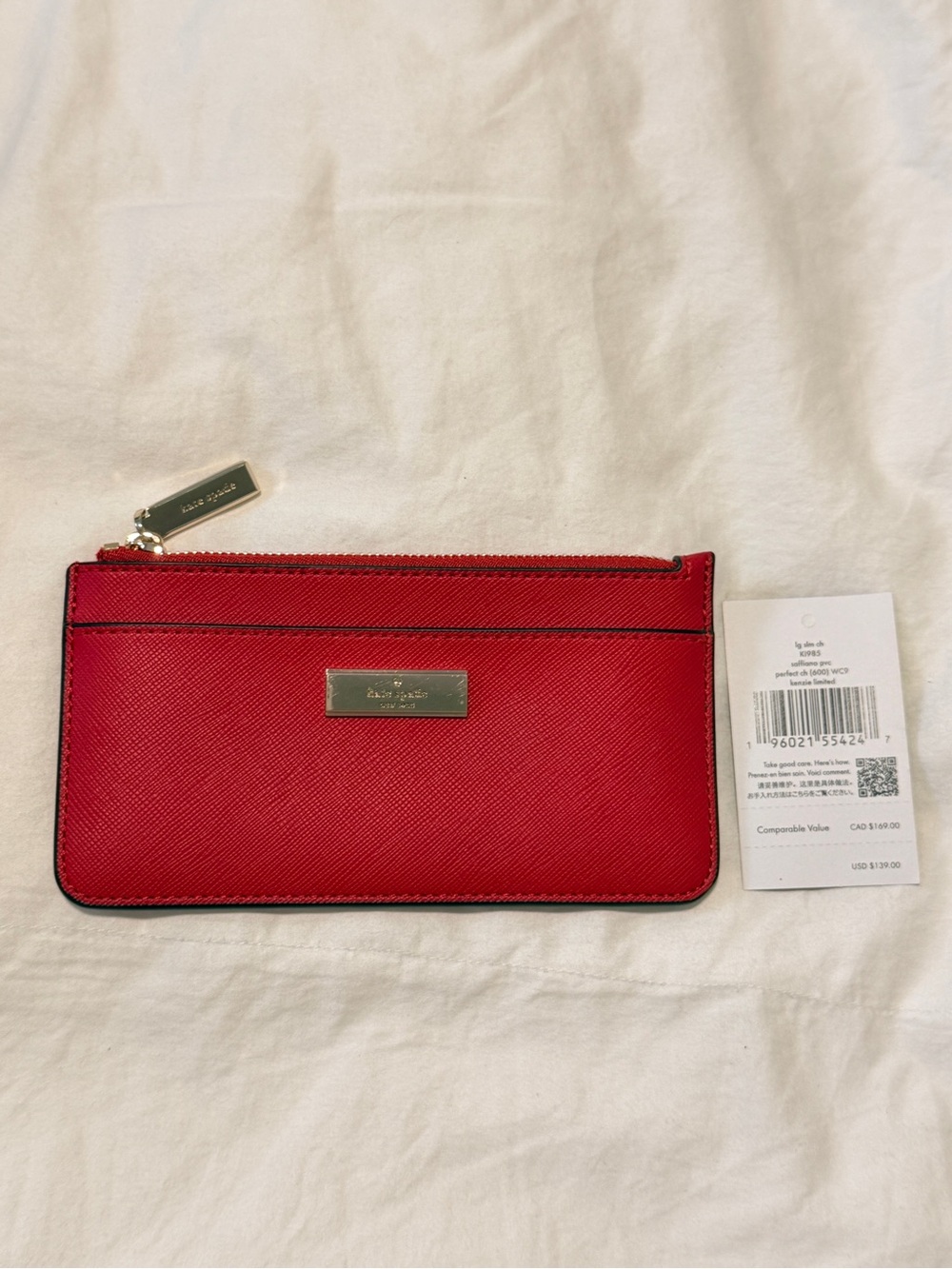 Kate Spade Red Saffiano Zip Wristlet Card Holder with Gold Plaque